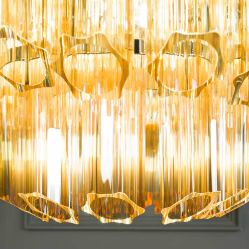 large amber yellow tiered chandelier in style of Murano glass
