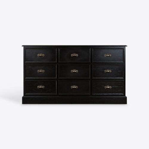 large oak bank of drawers in black