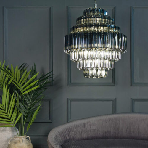 large smoked grey black mirror tiered chandelier in style of Murano glass