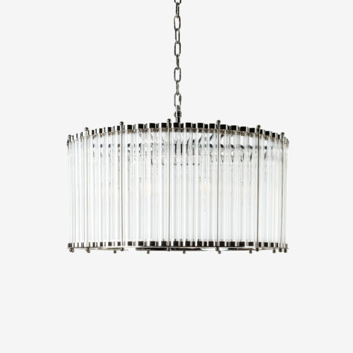 drum chandelier with a nickel finish and clear glass tubes