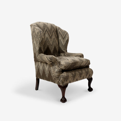 antique Victorian wingback armchair in Pierre Frey mohair