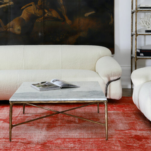 square marble coffee table with hammered effect brass metalwork