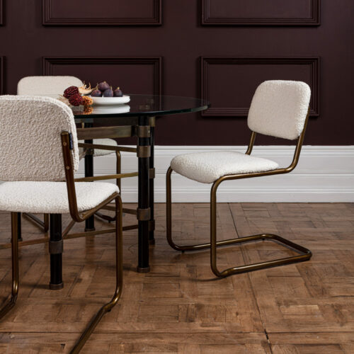 cantilever dining chairs in boucle