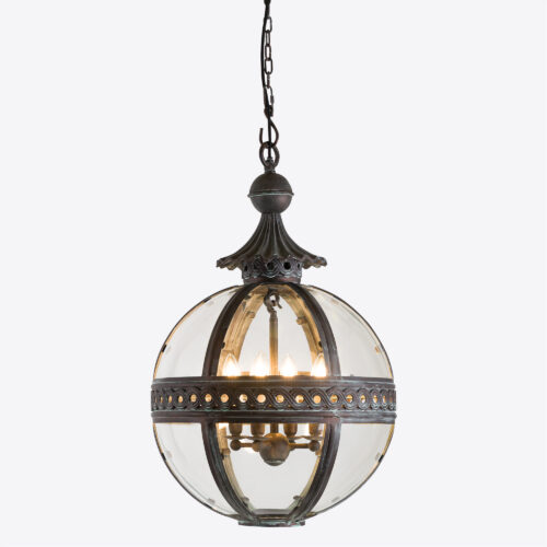 Blake - brass hanging globe lantern in a bronze verdigris finish