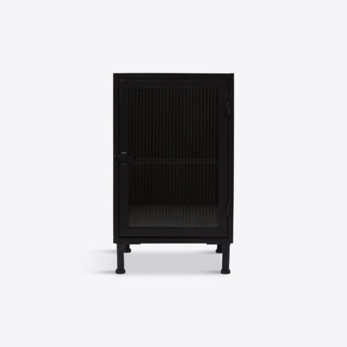 black metal cabinet with fluted glass