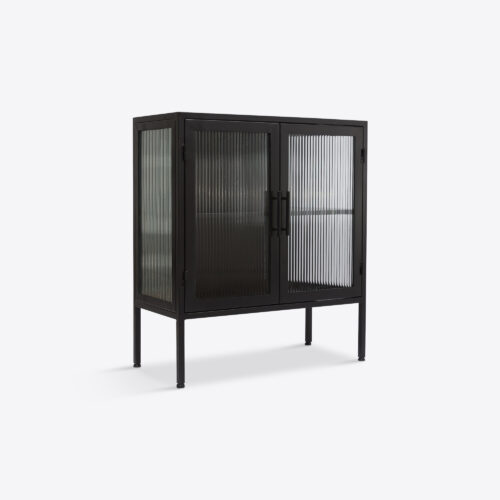 black metal cabinet with fluted glass panels