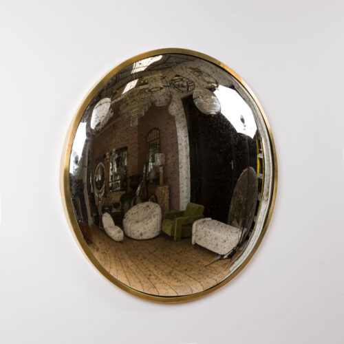 aged glass convex mirror with brass frame