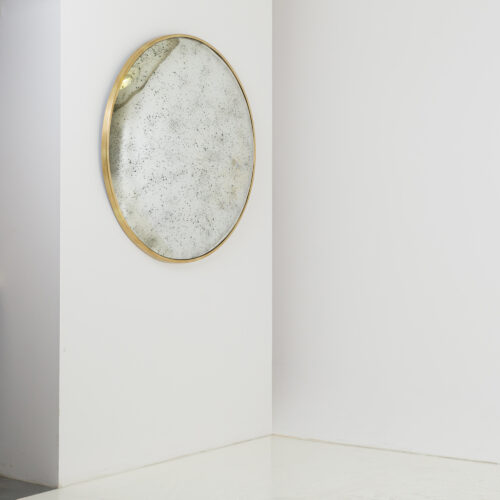 Large 120cm convex mirror with brass frame and aged finish to the glass