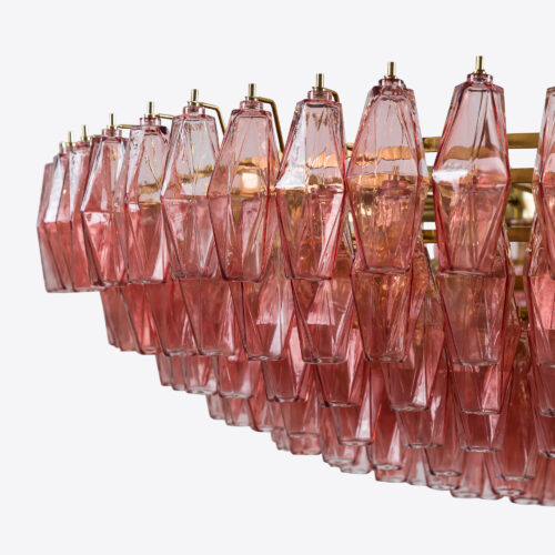 pink glass tiered chandelier in style of Murano glass