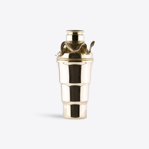 cocktail shaker in a brass finish with cast snake
