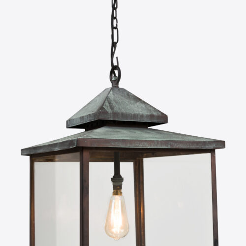 Keats in a bronze verdigris finish - a traditional square hanging lantern for hallways porches