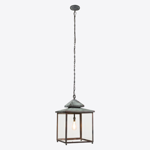Keats in a bronze verdigris finish - a traditional square hanging lantern for hallways porches