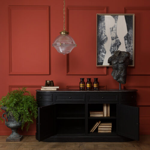 Rigby ebonised black free standing kitchen or hallway cabinet with curved marble top and oak drawers and cupboard storage - Victorian style furniture
