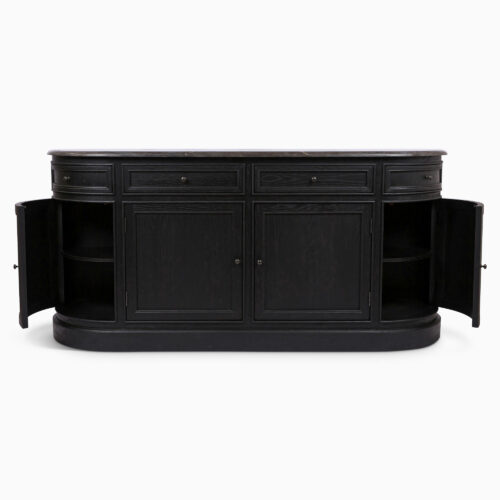 Rigby ebonised black free standing kitchen or hallway cabinet with curved marble top and oak drawers and cupboard storage