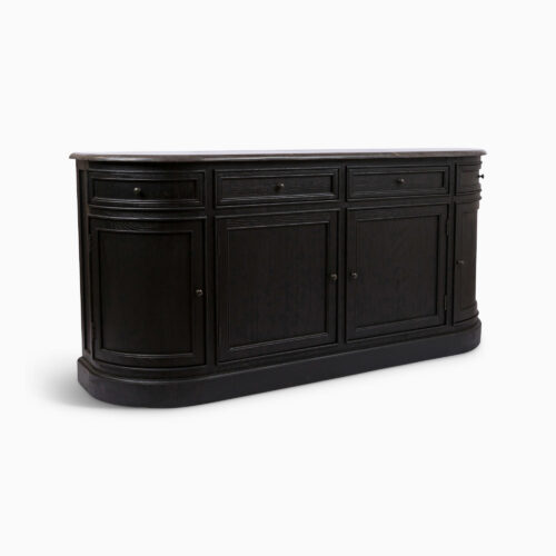 Rigby ebonised black free standing kitchen or hallway cabinet with curved marble top and oak drawers and cupboard storage