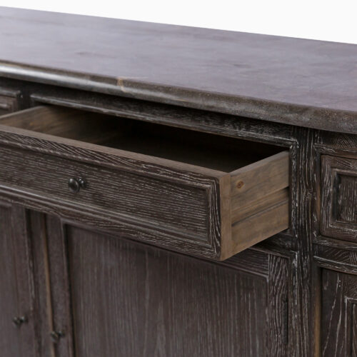 Rigby limed oak free standing kitchen or hallway cabinet with curved marble top and oak drawers and cupboard storage