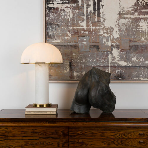 bronze sculpture male buttocks and alabaster mushroom table lamp