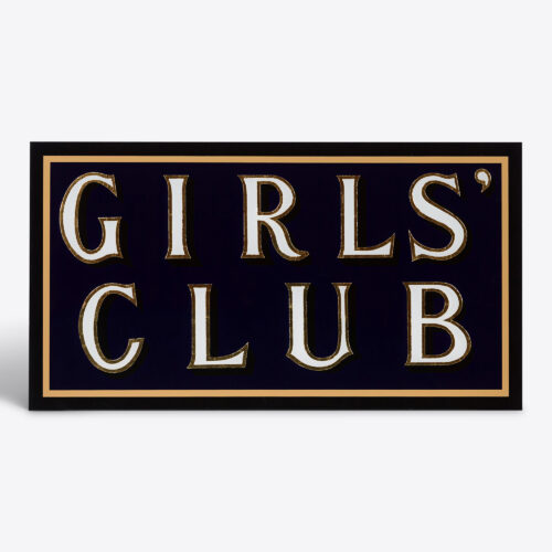 girls club hand painted glass sign with gold leaf - dark blue