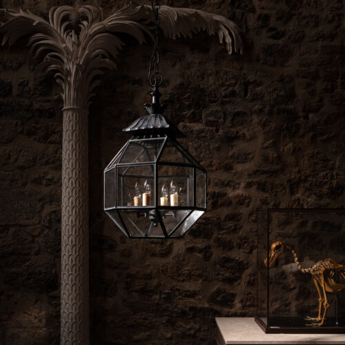 Parnham geometric hanging lantern designed by James Perkins of Parnham Park - made of solid brass in a Bronze Verdigris finish