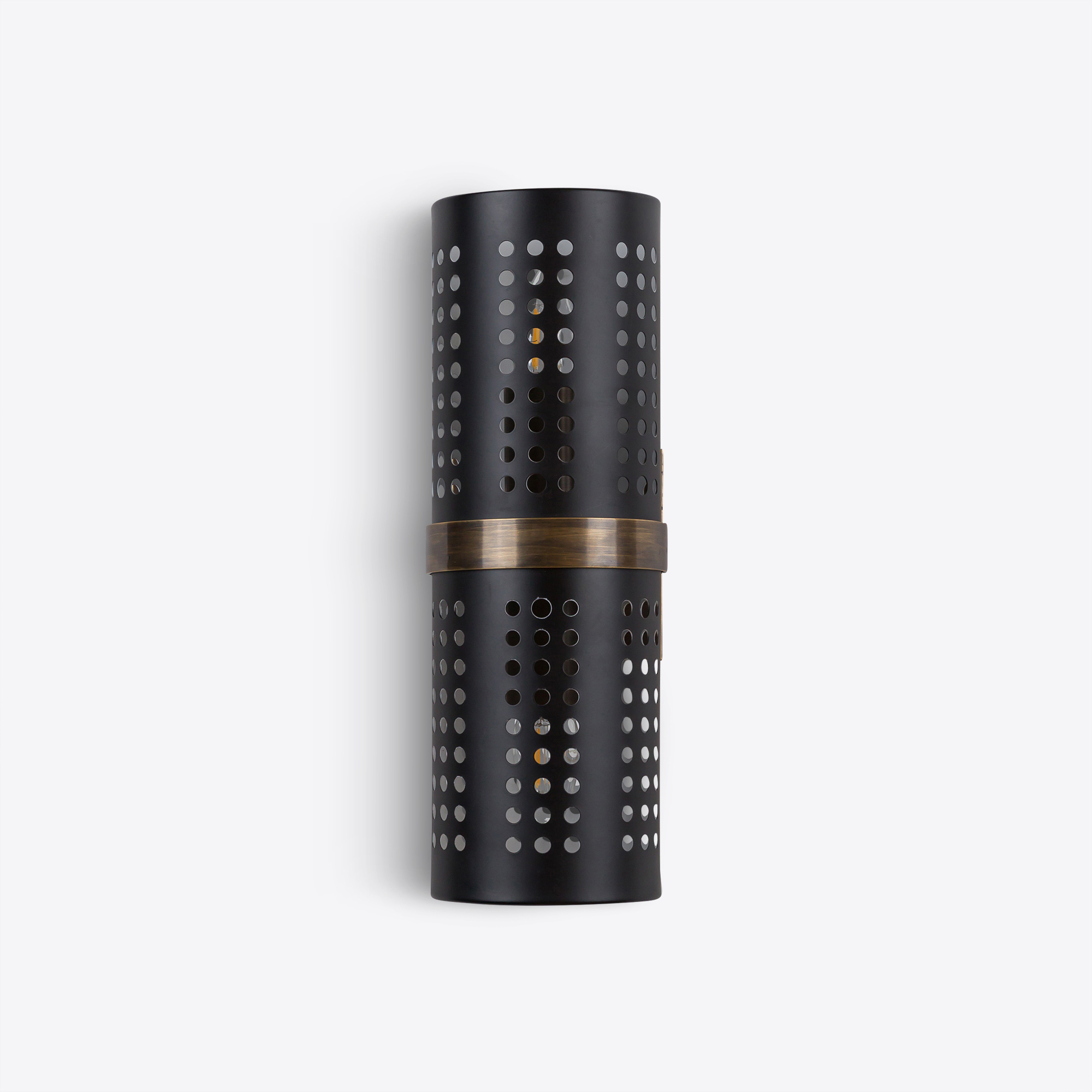 Breuer brass tubular cylindrical wall light in mid-century brutalist style with perforations