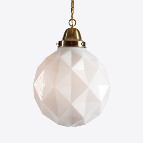 Large Cubist - mid-century inspired brass and opaline glass pendant light