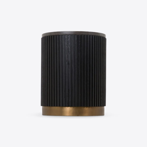 Atticus round drum ebonised oak side or bedside table - fluted with blue marble and a brass plinth base