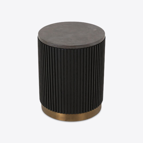 Atticus round drum ebonised oak side or bedside table - fluted with blue marble and a brass plinth base