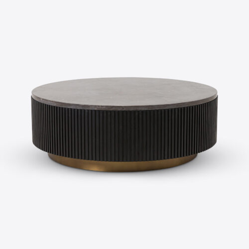 Atticus round drum ebonised oak coffee table. round fluted with blue marble