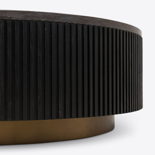 Atticus round drum ebonised oak coffee table. round fluted with blue marble