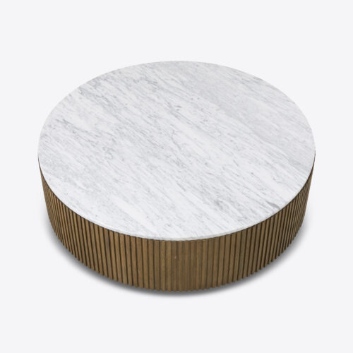 Atticus round drum natural oak coffee table. round fluted with carrara white marble