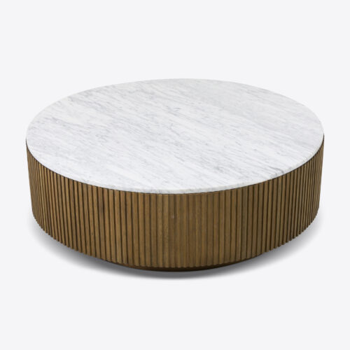 Atticus round drum natural oak coffee table. round fluted with carrara white marble