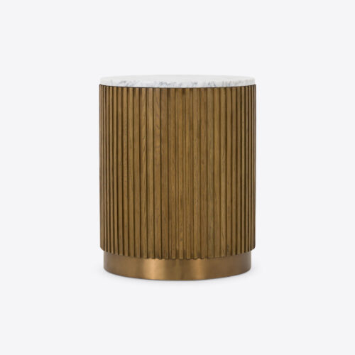 Atticus round drum natural oak side or bedside table - fluted with Carrara white marble and a brass plinth base
