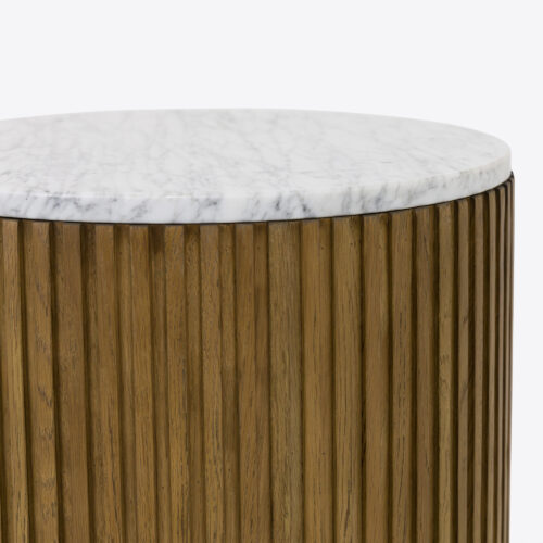 Atticus round drum natural oak side or bedside table - fluted with Carrara white marble and a brass plinth base