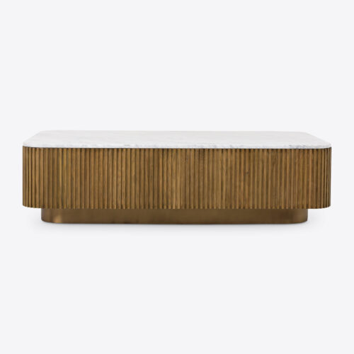 Atticus rectangular natural oak coffee table fluted with Carrara white marble