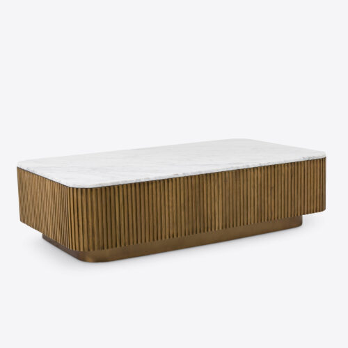 Atticus rectangular natural oak coffee table fluted with Carrara white marble