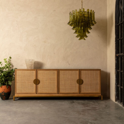 mid-century rattan sideboard with brass handles