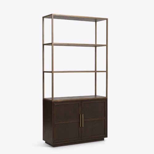 Madison oak and brass shelving unit cabinet etagere