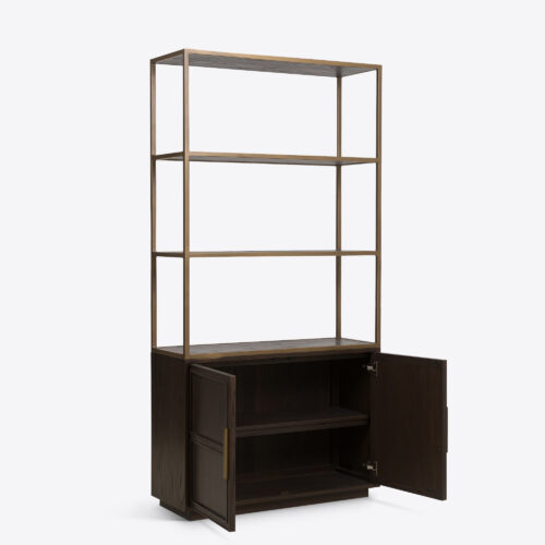 Madison oak and brass cabinet etagere