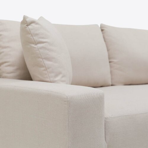 Bondi three seater sofa in linen with wooden back panel