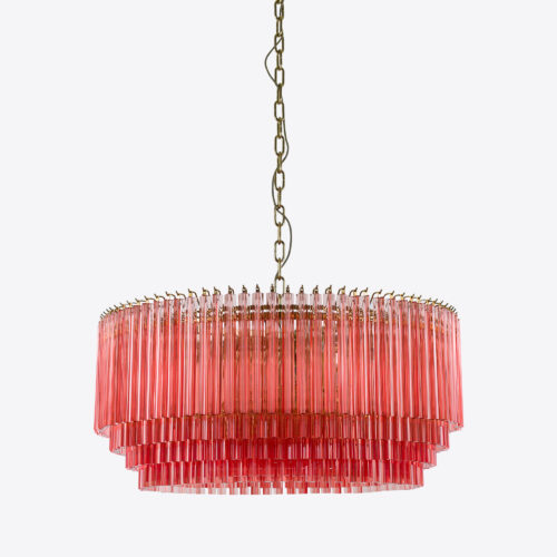 Large Pink Amaro - large pink drum triedri chandelier in mid-century Murano glass style