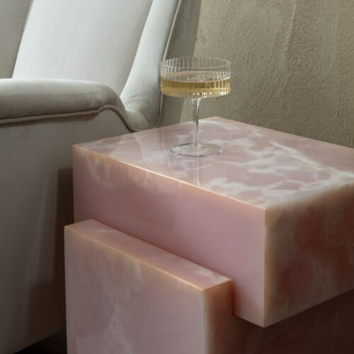 Cami pink onyx side table block Brutalist design