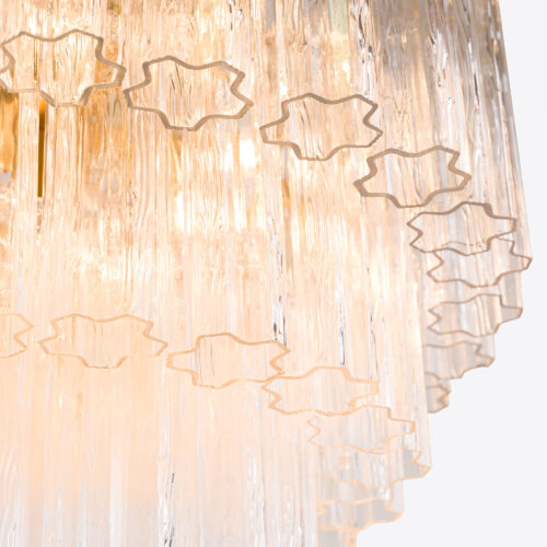 Treviso mid-century inspired tiered glass chandelier in clear smoked quartz or pink glass