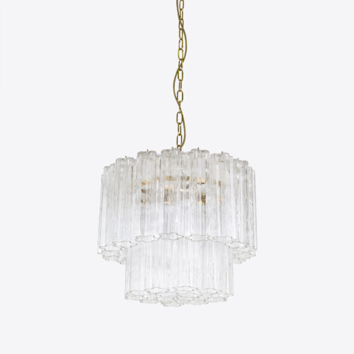 Treviso mid-century inspired small tiered glass chandelier in clear smoked quartz or pink glass
