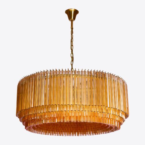 Grande Amber Amaro - large amber drum triedri chandelier in mid-century Murano glass style