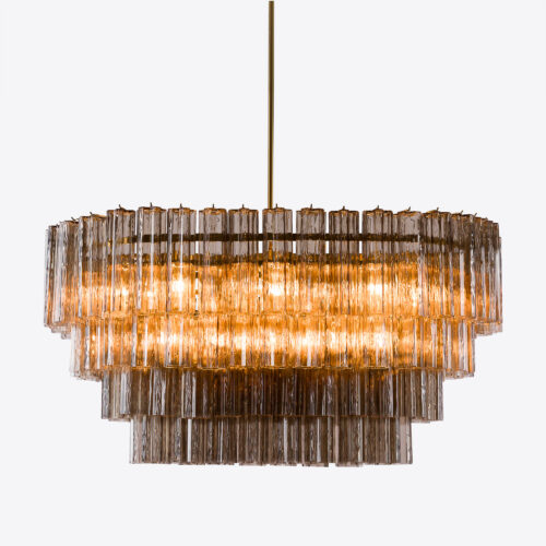mid-century inspired dining chandelier in smoked quartz pink or clear glass
