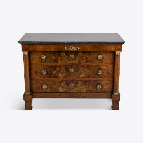 A 19th century French Empire style marble top commode, made from beautiful flamed walnut wood.