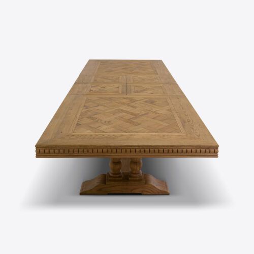 Bezier extending extendable dining table with parquet design made from oak suitable for dining room or kitchen