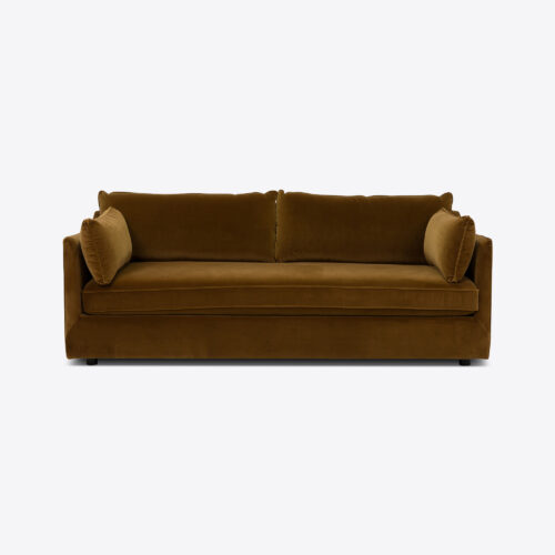 gold sofa upholstered in mustard velvet 2 seater mid-century design