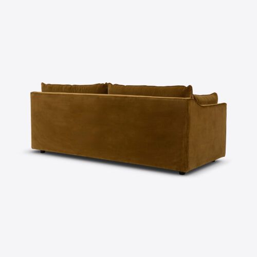 mid-century inspired sleek sofa in velvet orange gold mustard